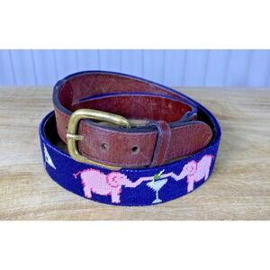 Smathers & Branson Elephant Martini Needlepoint Belt Leather  Brass Sz 36